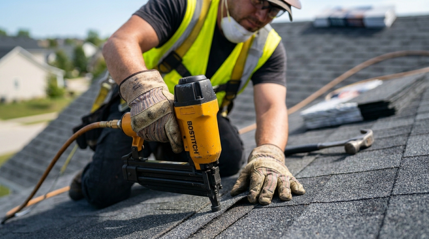 Roofers working on a commercial building
